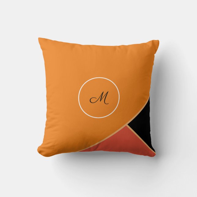 Coussin Simple moderne orange noir et blanc Monogramme (Recto)