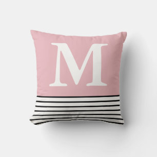 Coussin Simple Rose Bleu Avec Bandes B/W Monogramme
