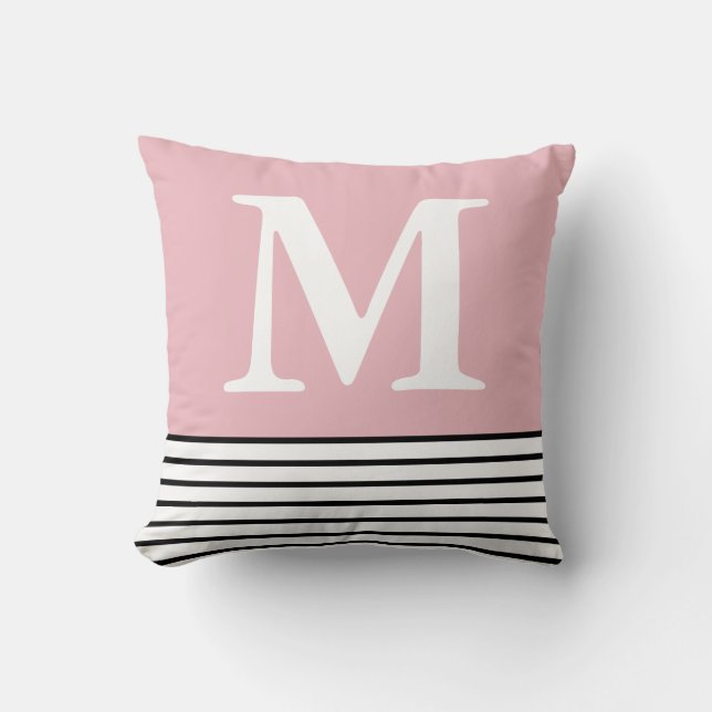Coussin Simple Rose Bleu Avec Bandes B/W Monogramme (Recto)