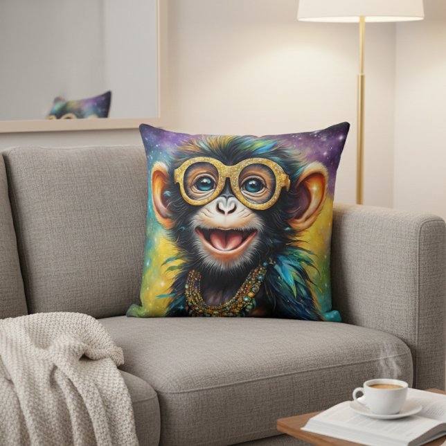 Coussin Singe Funky avec Lunettes Dorées (Créateur téléchargé)