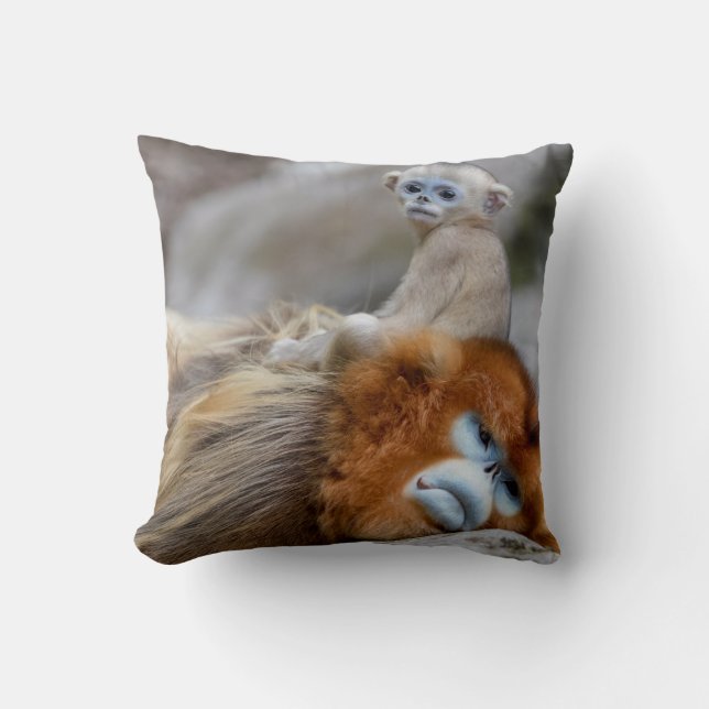 Coussin Singe roux à nez camus père avec bébé (Recto)