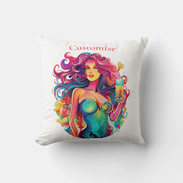Coussin Sirène Arc-En-Ciel Avec Cocktail (Recto)