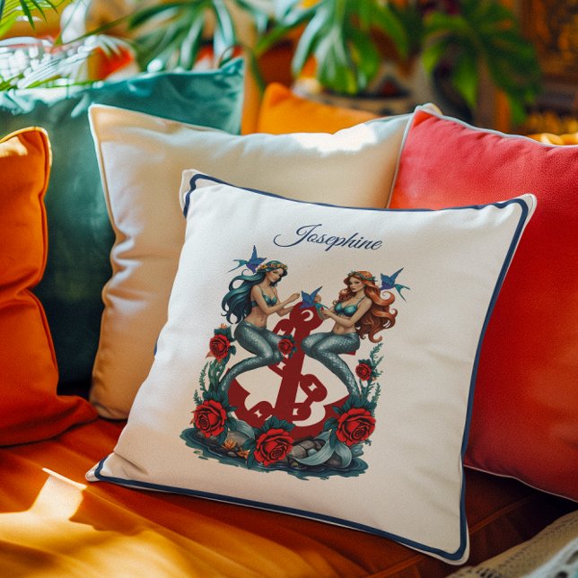 Coussin Sirène marine floral bleu rouge (Créateur téléchargé)
