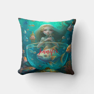 Coussin Sirène nageant avec poisson sur mesure