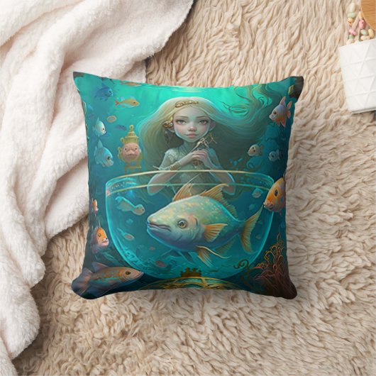 Coussin Sirène nager avec le poisson mignon pilon jetez (Couverture)