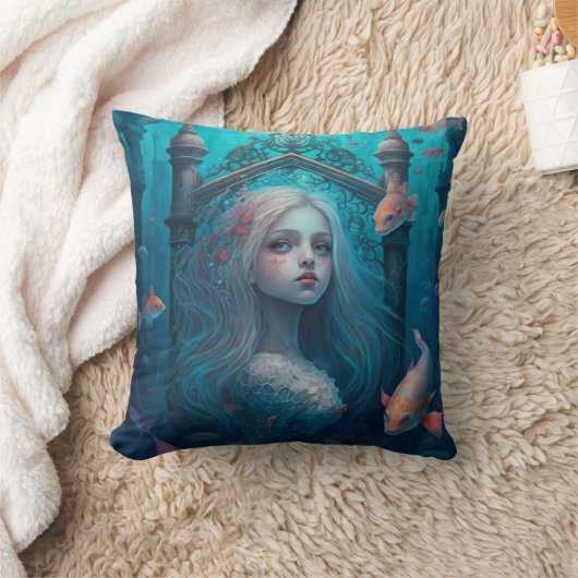 Coussin Sirène nager avec le poisson mignon pilon jetez (Couverture)