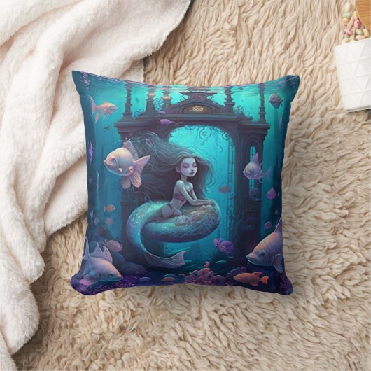 Coussin Sirène nager avec le poisson mignon pilon jetez (Couverture)