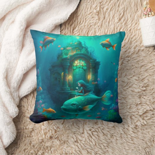 Coussin Sirène nager avec le poisson mignon pilon jetez (Couverture)