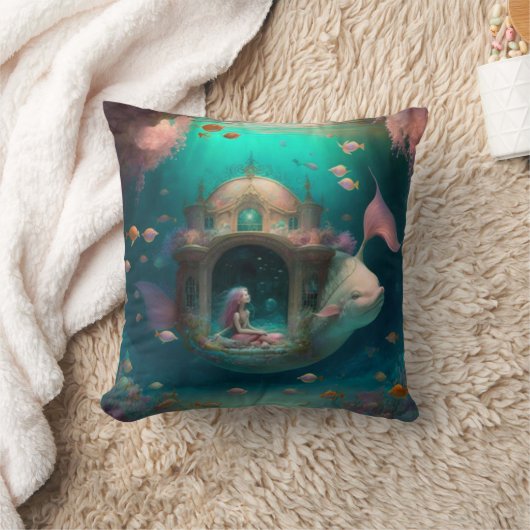 Coussin Sirène nager avec le poisson mignon pilon jetez (Couverture)