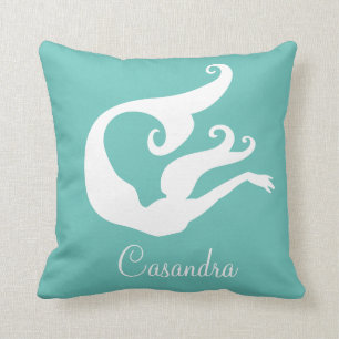 Coussin Sirène personnalisée Blanc Turquoise bleu monogram