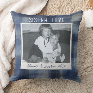 Coussin Sister Love photo keepsaké noms personnalisés bleu