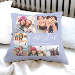 Coussin Sisterhood Script BFFs Heart 6 Photo Grid<br><div class="desc">Un oreiller spécial et mémorable pour vos soeurs. Le design comprend une disposition de collage de 6 photos en grille pour afficher vos propres photos de soeur spéciales. "Sisterhood" est affiché dans la typographie stylisée. Une simple forme cardiaque est affichée sur l'une des photos. L'envers présente le même design que...</div>