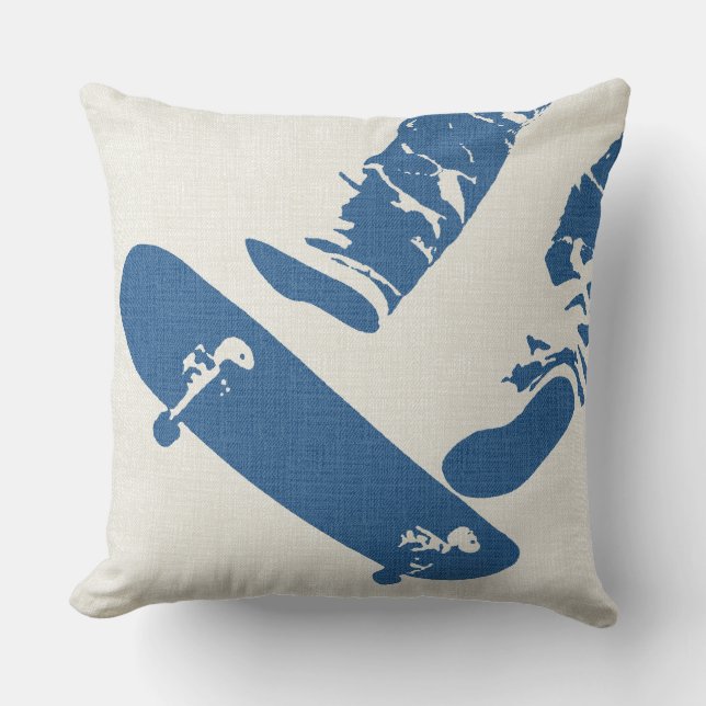 Coussin Skateboard Jump – Urban Blue & White Denim Look (Recto)