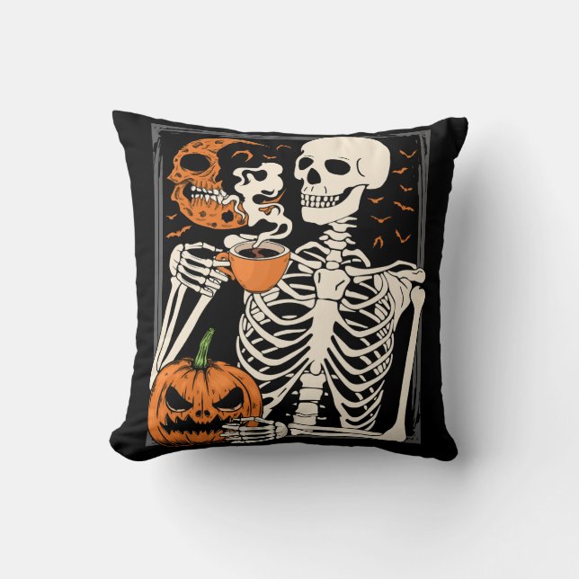 Coussin Skeleton Boire Café Lover Halloween Crâne (Recto)