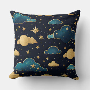 COUSSIN SKI DE NUIT AVEC NUAGES ET ÉTOILES BLEU & OR