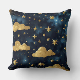 COUSSIN SKI DE NUIT AVEC NUAGES ET ÉTOILES BLEU & OR
