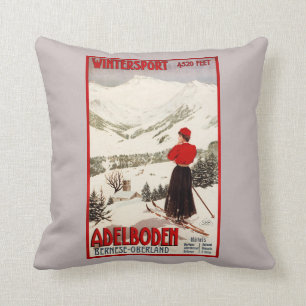 Coussin Skieur de femme donnant sur l'affiche d'Adelboden