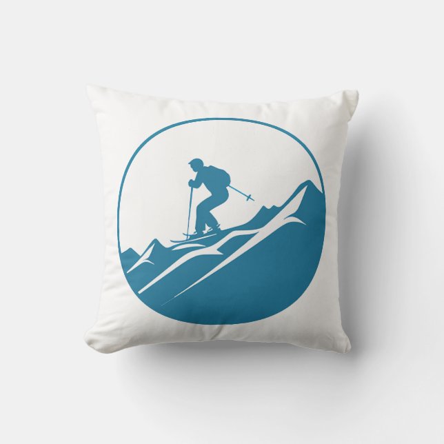 Coussin Skieur de neige Ski Down Rocky Mountains Blue et W (Recto)