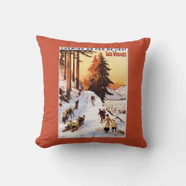 Coussin Sledding et skier à l'affiche de VOSGES (Recto)