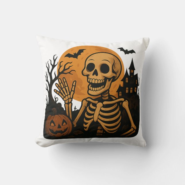Coussin Smiling Skeleton with Pumpkin and Full Moon – Spoo (Recto)