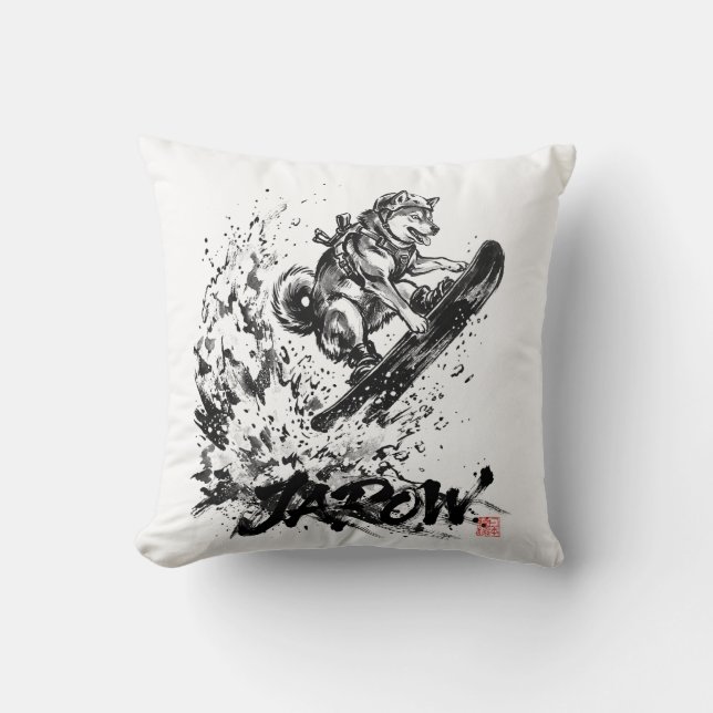 Coussin Snowboard Brush Art - Snowboarder Dog Huskey (Recto)