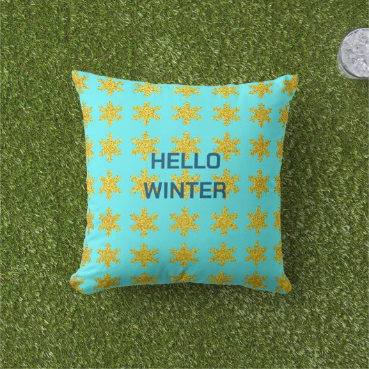 Coussin Snowflake Motif hiver Typographie Or Bleu (Herbe)