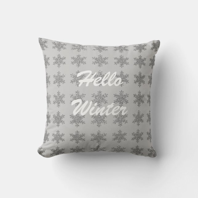 Coussin Snowflake Motif Typographie hivernale Gris étincel (Recto)