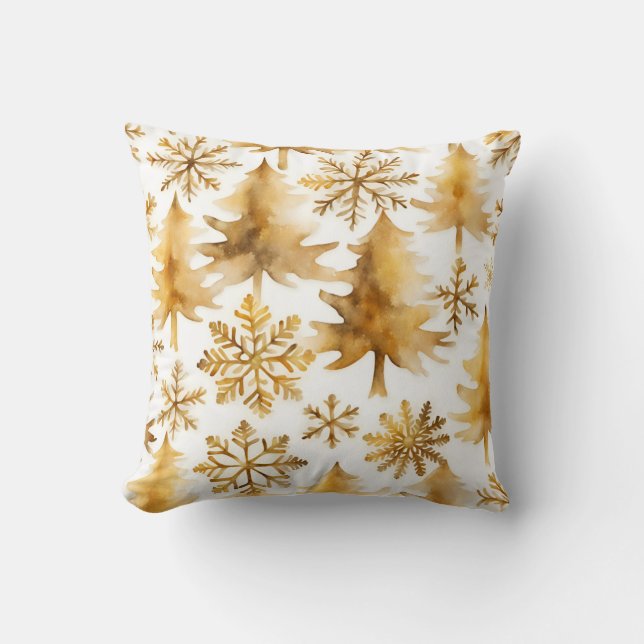 Coussin Snowflakes dorés et Gold Holiday Trees (Recto)