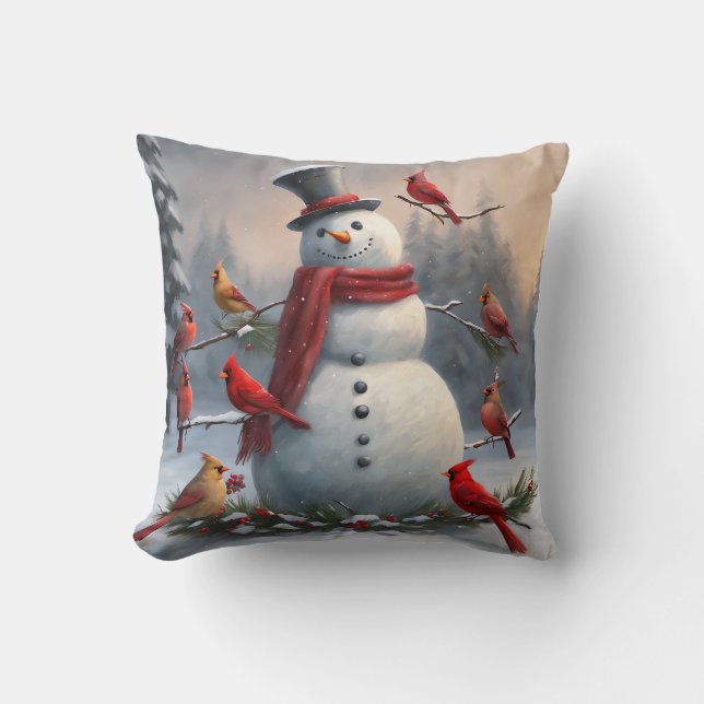 Coussin Snowman avec les cardinaux rouges Snowman (Recto)
