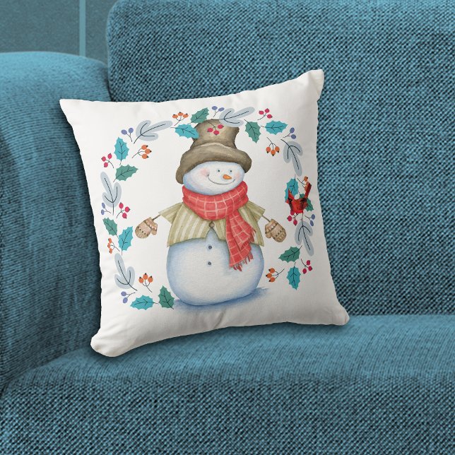 Coussin Snowman avec Red Bird Wreath Holiday (Créateur téléchargé)