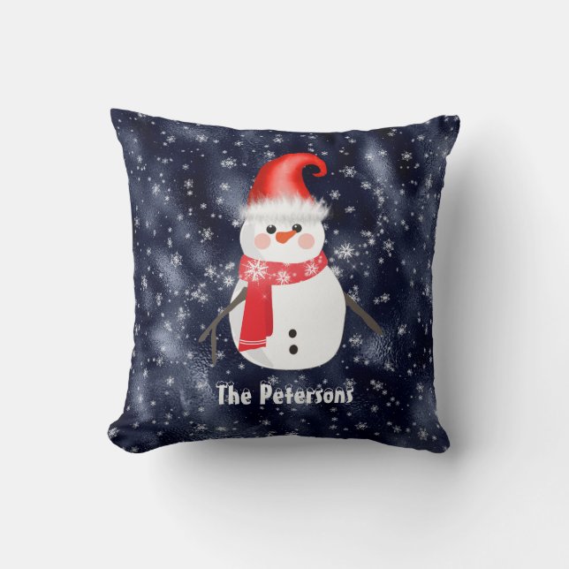 Coussin Snowman de Noël sur Dark Blue Snowy Arrière - plan (Recto)