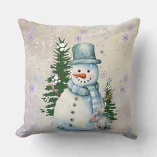 Coussin "Snowman en chute de neige" avec lapin et arbres