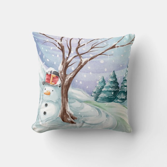 Coussin Snowman Et Paysage D'Hiver (Recto)