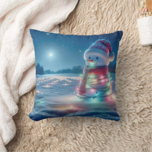 Coussin Snowman Tangé Dans Les Lumières De Noël