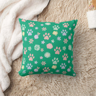 Coussin Soft Pastel Paw Prints and Flowers Pattern 