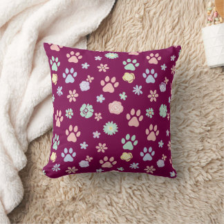 Coussin Soft Pastel Paw Prints and Flowers Pattern 