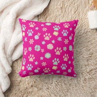 Coussin Soft Pastel Paw Prints and Flowers Pattern 