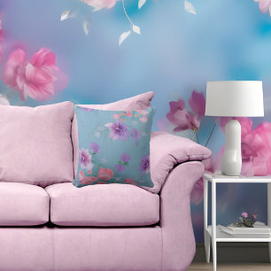 Coussin Soie bleu doux fleurs rose fleurs tissu feuille ve