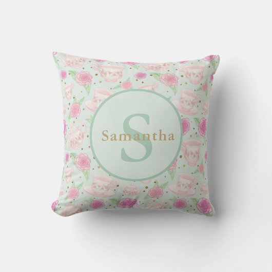 Coussin Soirée Tea vert à la menthe Monogramme personnalis (Recto)
