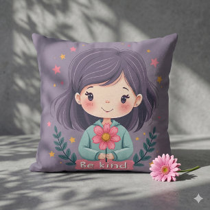Coussin Sois Gentil Jolie Fille avec Fleur Art Positif Gri