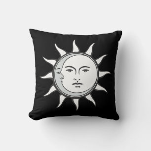 Coussin Soleil blanc et lune d'argent sur fond noir