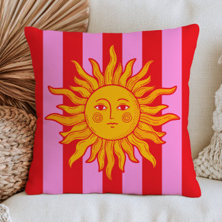 Coussin Soleil BOHO sur rayures rouges et roses maximalist
