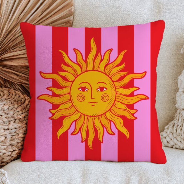 Coussin Soleil BOHO sur rayures rouges et roses maximalist (Créateur téléchargé)
