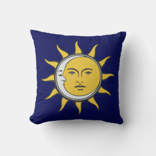 Coussin Soleil doré et Lune argentée sur fond bleu marine