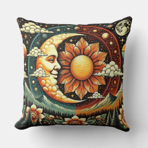 Coussin Soleil et Lune Fantaisistes dans un Cosmos Surréal