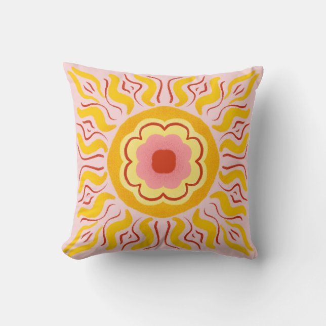 Coussin Soleil fleuri - jaune & rose pastel (Recto)