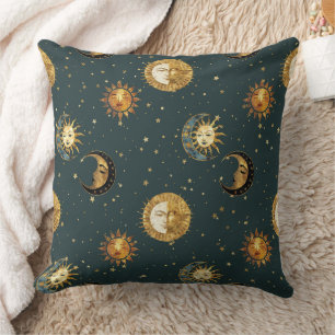 Coussin Soleil Lune Étoiles Bleu Minuit Céleste Doré