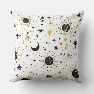 Coussin Soleil Lune Étoiles Noir et Or Céleste