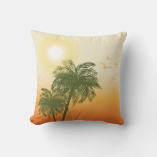 Coussin Soleil Orange Et Palmiers Vert Tropical Été