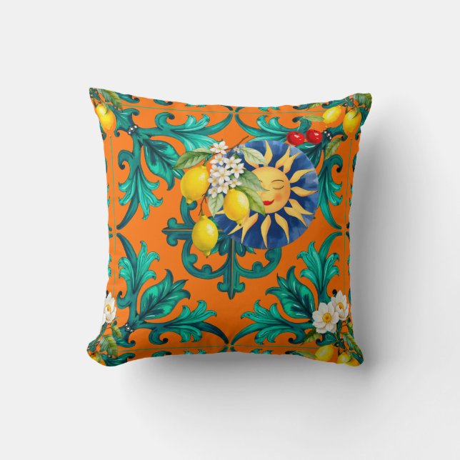 Coussin soleil sicilien, été, citron, mosaïque, bleu, (Recto)